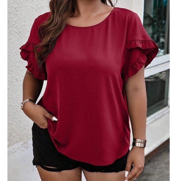 Plus Teal Solid Ruffle Petal Short Sleeve Top - Picture 8 of 15